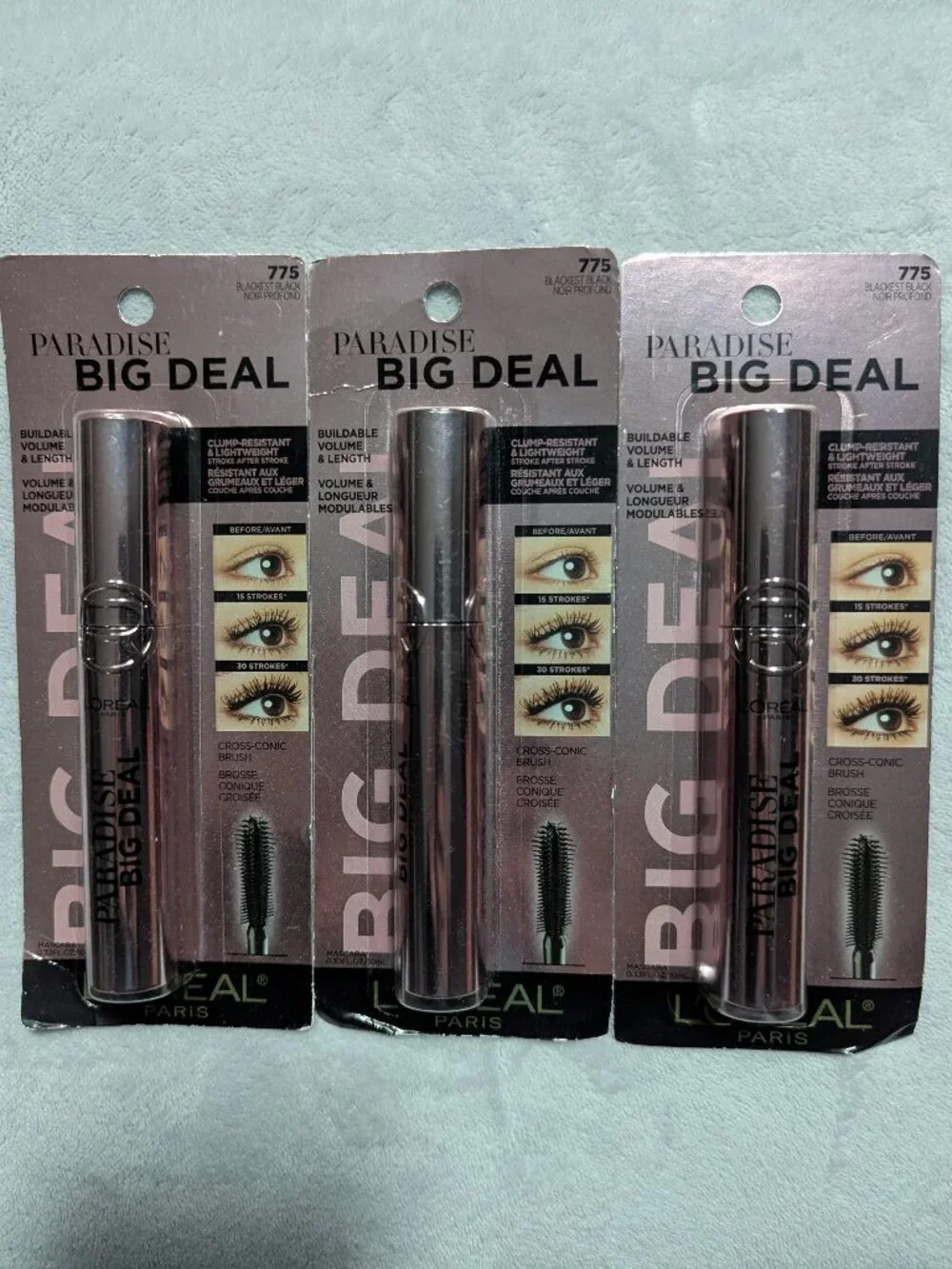 Bundle of 3 Sealed L'Oréal Paris Paradise Big Deal Mascara 775 Blackest Black